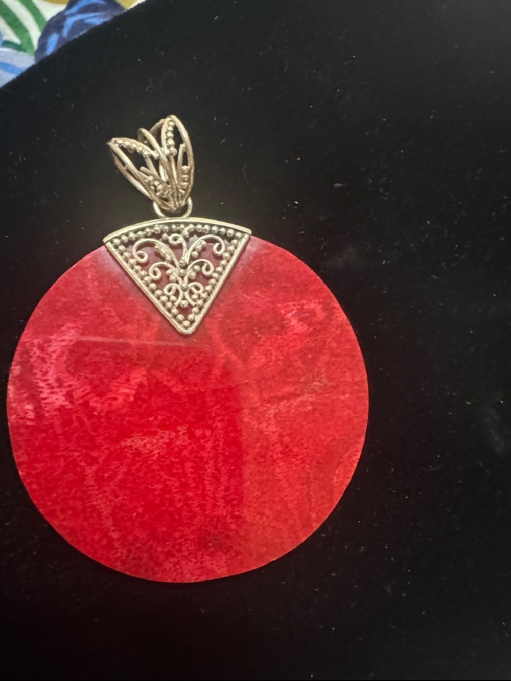 Bold Red Disc Pendant Necklace with Ornate 925 Silver Filigree Bail